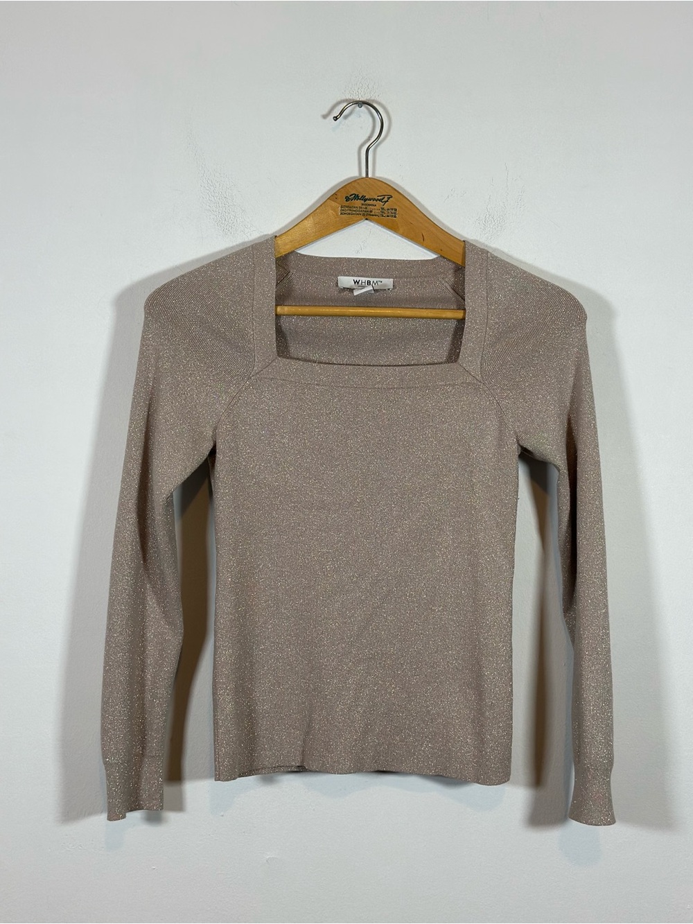 WHBM Square Neck Ribbed Knit Sweater Top Metallic Taupe Size S NYE Y2K Formal